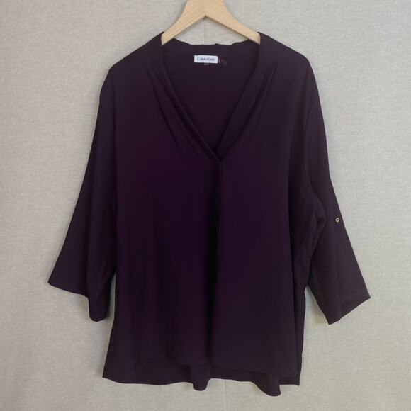 Calvin Klein Womens Dark Purple Top Size 2X Vneck Roll Tab Sleeve Office Career - Picture 1 of 10